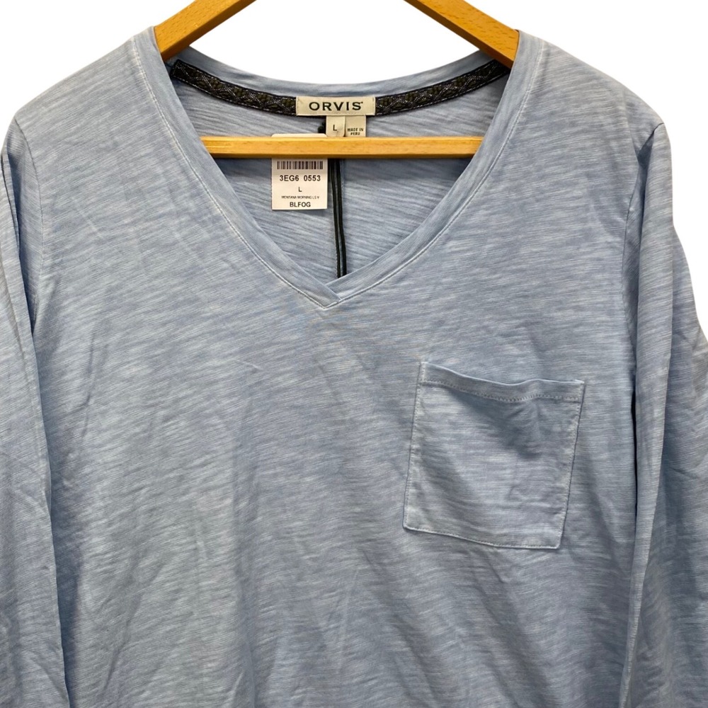 Orvis Montana Morning V-Neck Top Womens Large L Blue Slub Cotton Pocket NWT